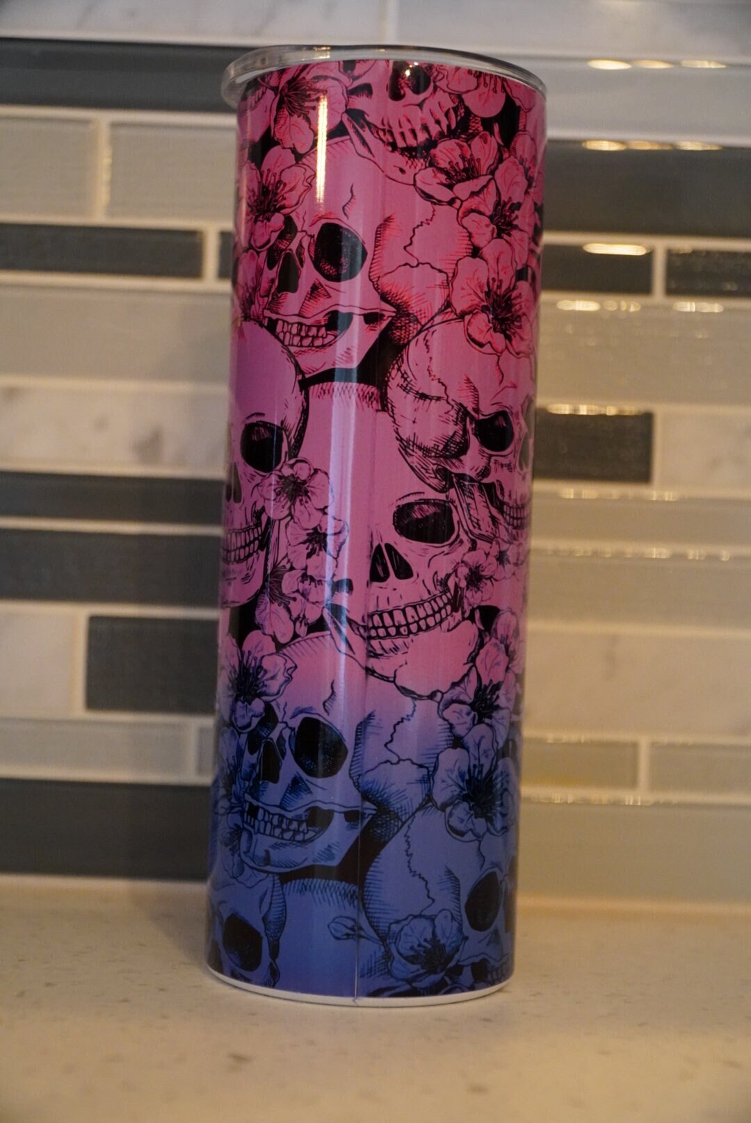 Sleepy Hollow Bed and Breakfast Skulls 20 oz Skinny Tumbler Goth pink and purple ombre Tumbler