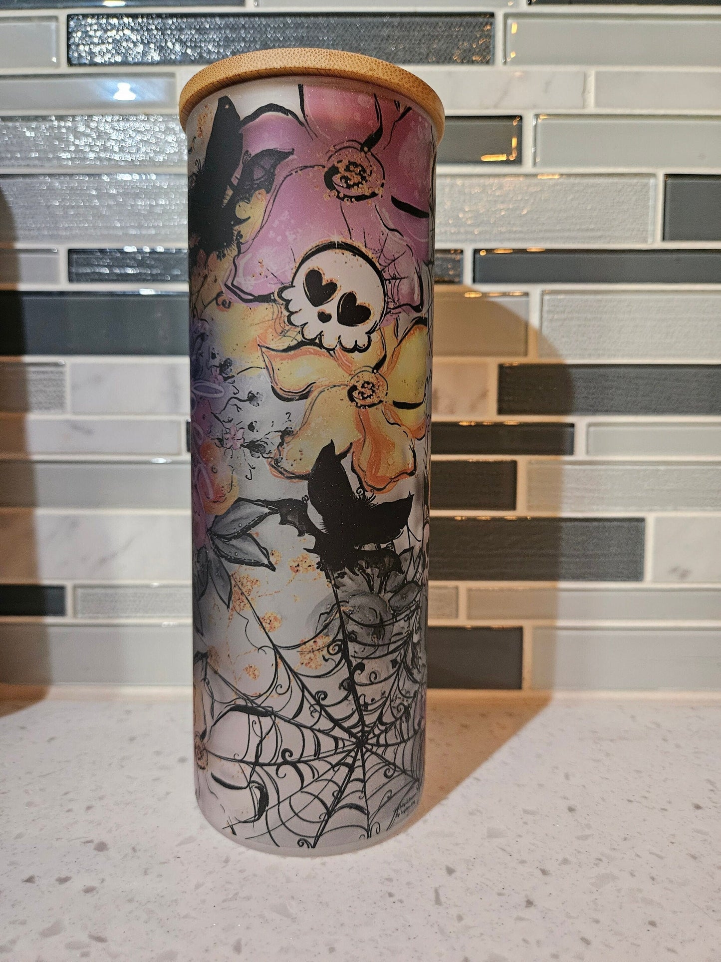 25 oz frosted cup glass**Spooky Vibes**Skeleton*Witchy**Halloween**cold cup**reusable cup** cup with lid and straw**