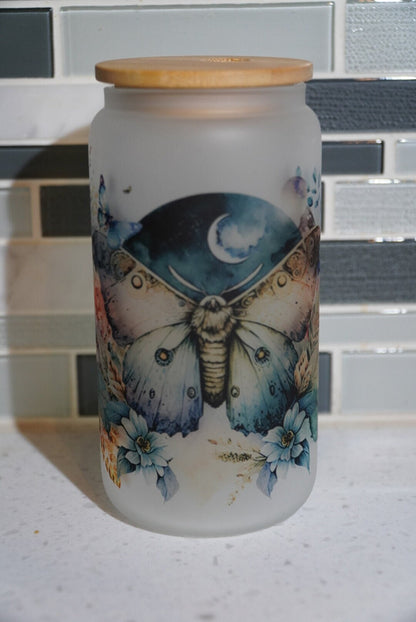 16 oz frosted cup glass**Coffee***Death Moth**Witchy**Spooky Vibes**Floral**cold cup**reusable cup** cup with lid and straw**Beer cup*