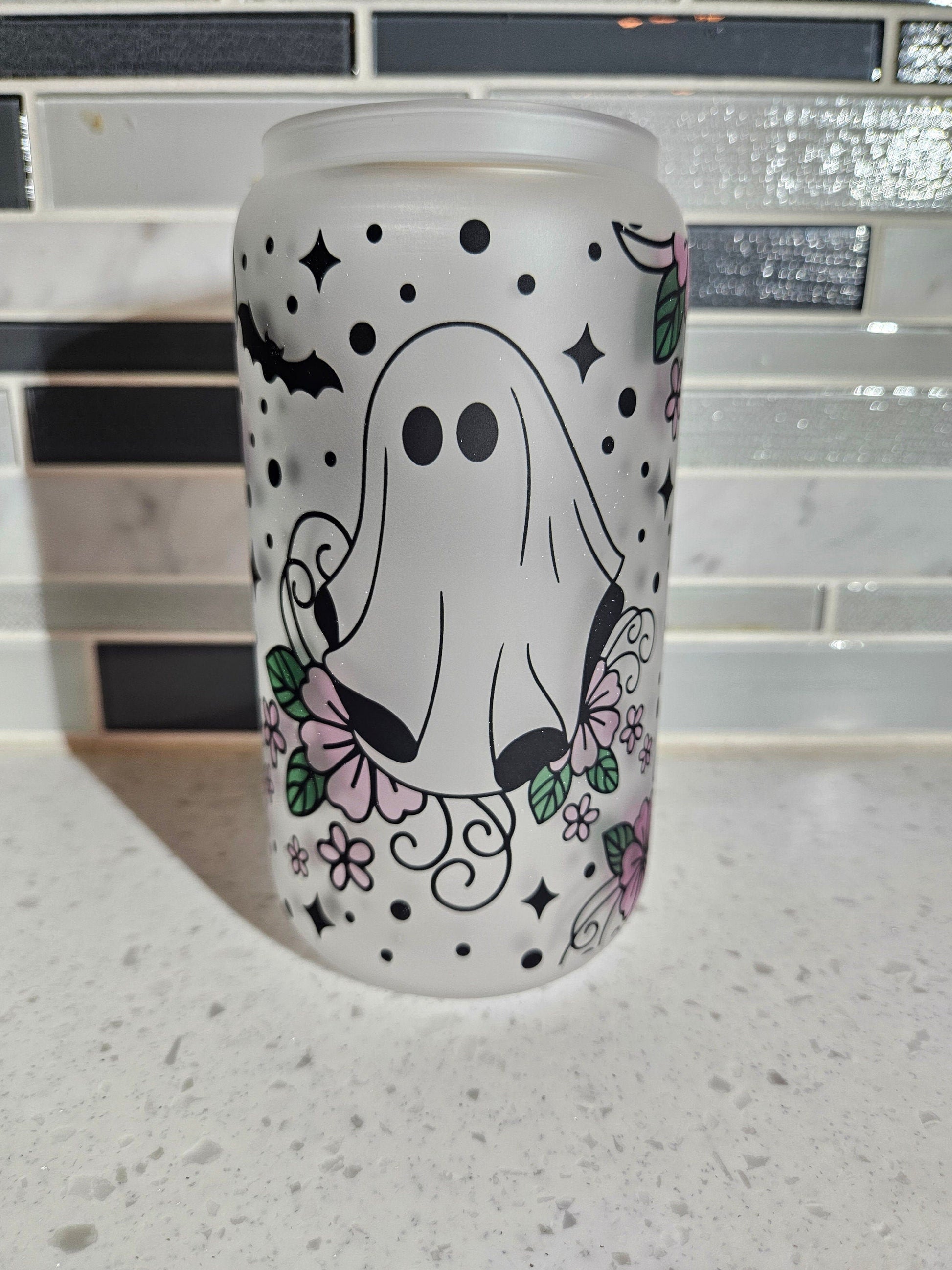 16 oz frosted cup glass**Ghost and flowers**bats**cold cup**reusable cup** cup with lid and straw**Beer cup*