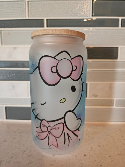 16 oz frosted cup glass**Hello**Kitty**cartoon**cold cup**reusable cup** cup with lid and straw**Beer cup**