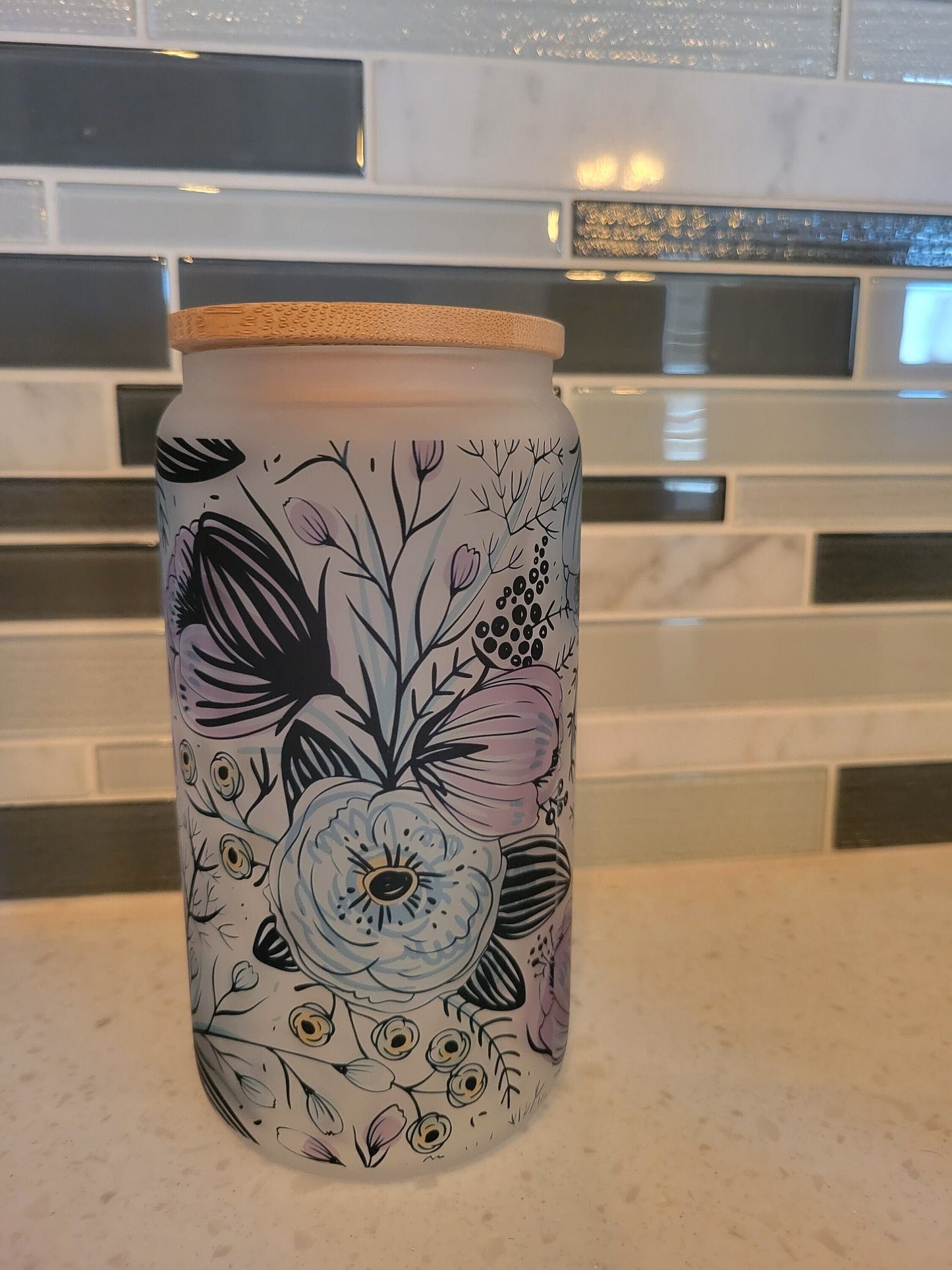 16 oz frosted cup glass**Flowers**Purple **Blue**cold cup**reusable cup** cup with lid and straw**Beer cup*