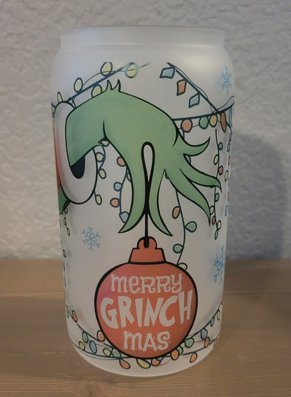 16 oz frosted cup glass**Coffee***Grinch**Christmas**ornaments**cold cup**reusable cup** cup with lid and straw**Beer cup*