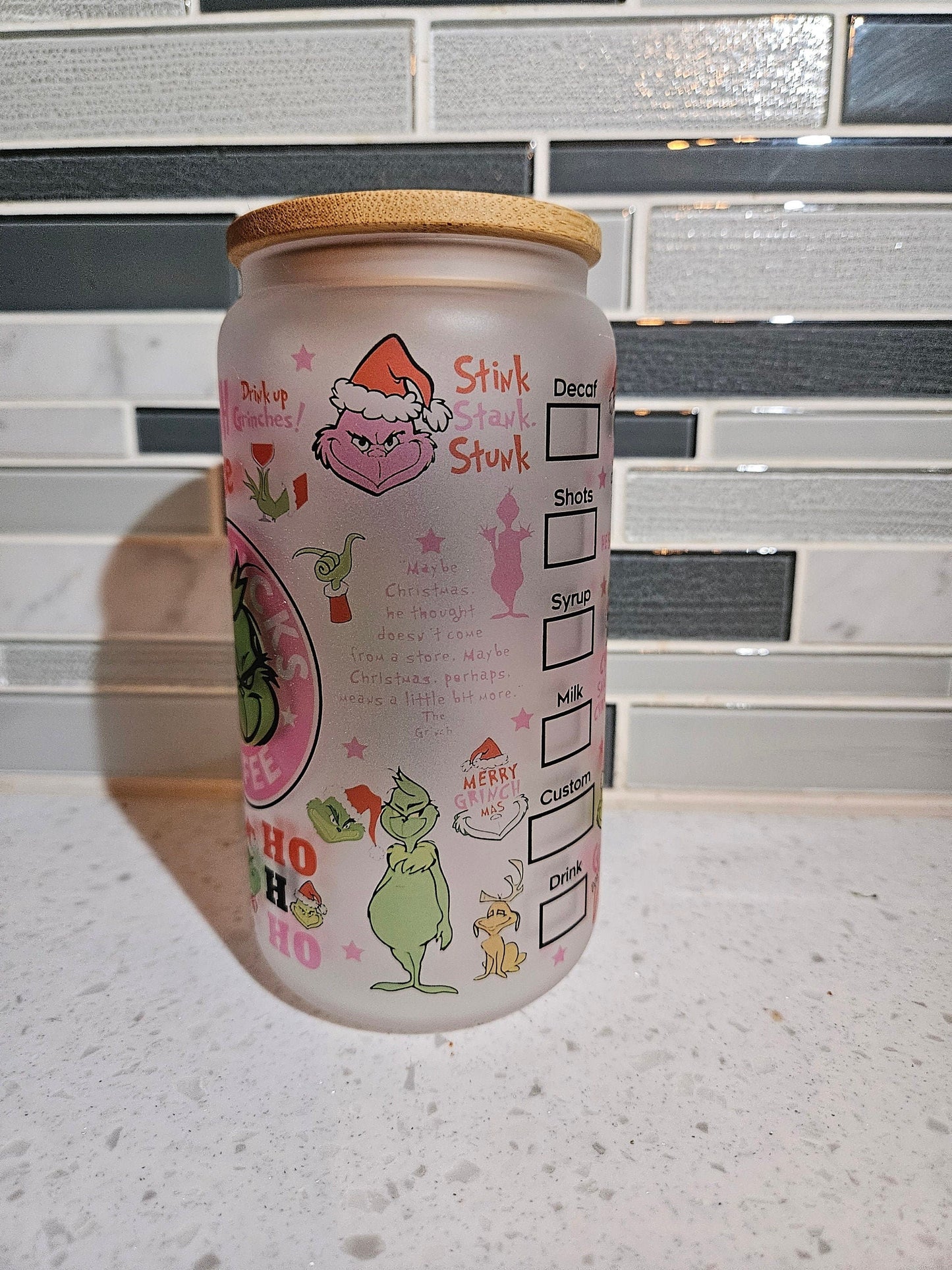 16 oz frosted cup glass**Coffee***Grinch**Christmas**starbucks**cold cup**reusable cup** cup with lid and straw**Beer cup*