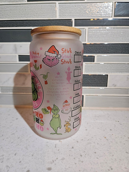 16 oz frosted cup glass**Coffee***Grinch**Christmas**starbucks**cold cup**reusable cup** cup with lid and straw**Beer cup*