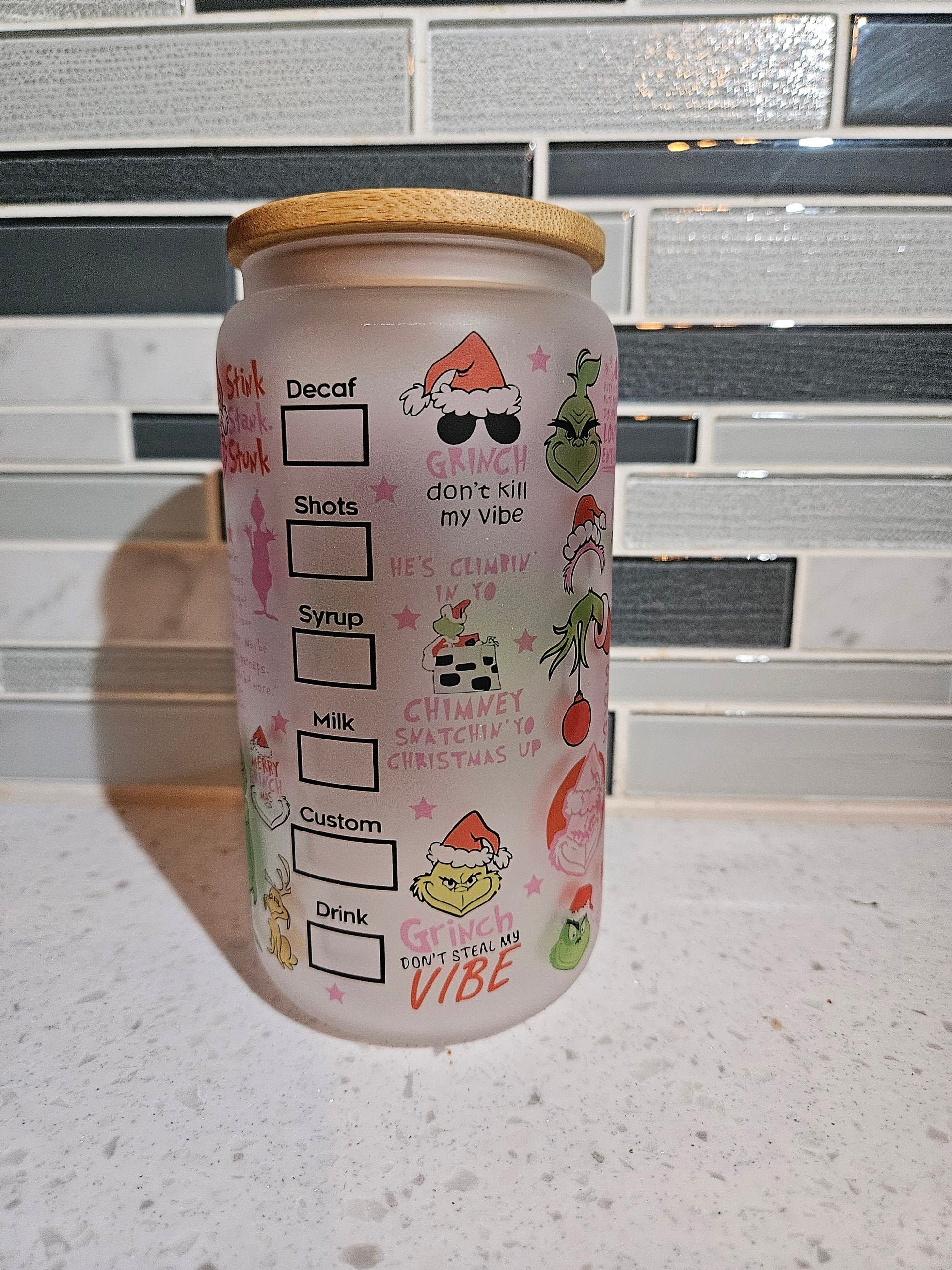 16 oz frosted cup glass**Coffee***Grinch**Christmas**starbucks**cold cup**reusable cup** cup with lid and straw**Beer cup*