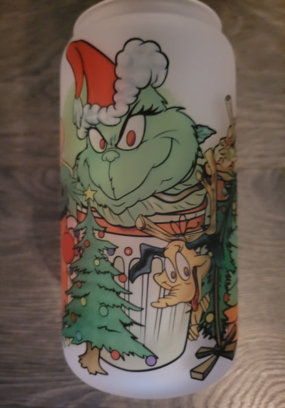 16 oz frosted cup glass**Coffee***Grinch**Christmas**Grinchmas**cold cup**reusable cup** cup with lid and straw**Beer cup*