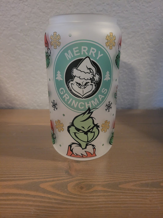 16 oz frosted cup glass**Coffee***Grinch**Christmas**starbucks**cold cup**reusable cup** cup with lid and straw**Beer cup*