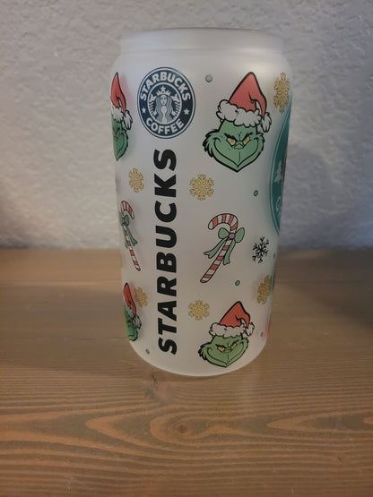 16 oz frosted cup glass**Coffee***Grinch**Christmas**starbucks**cold cup**reusable cup** cup with lid and straw**Beer cup*