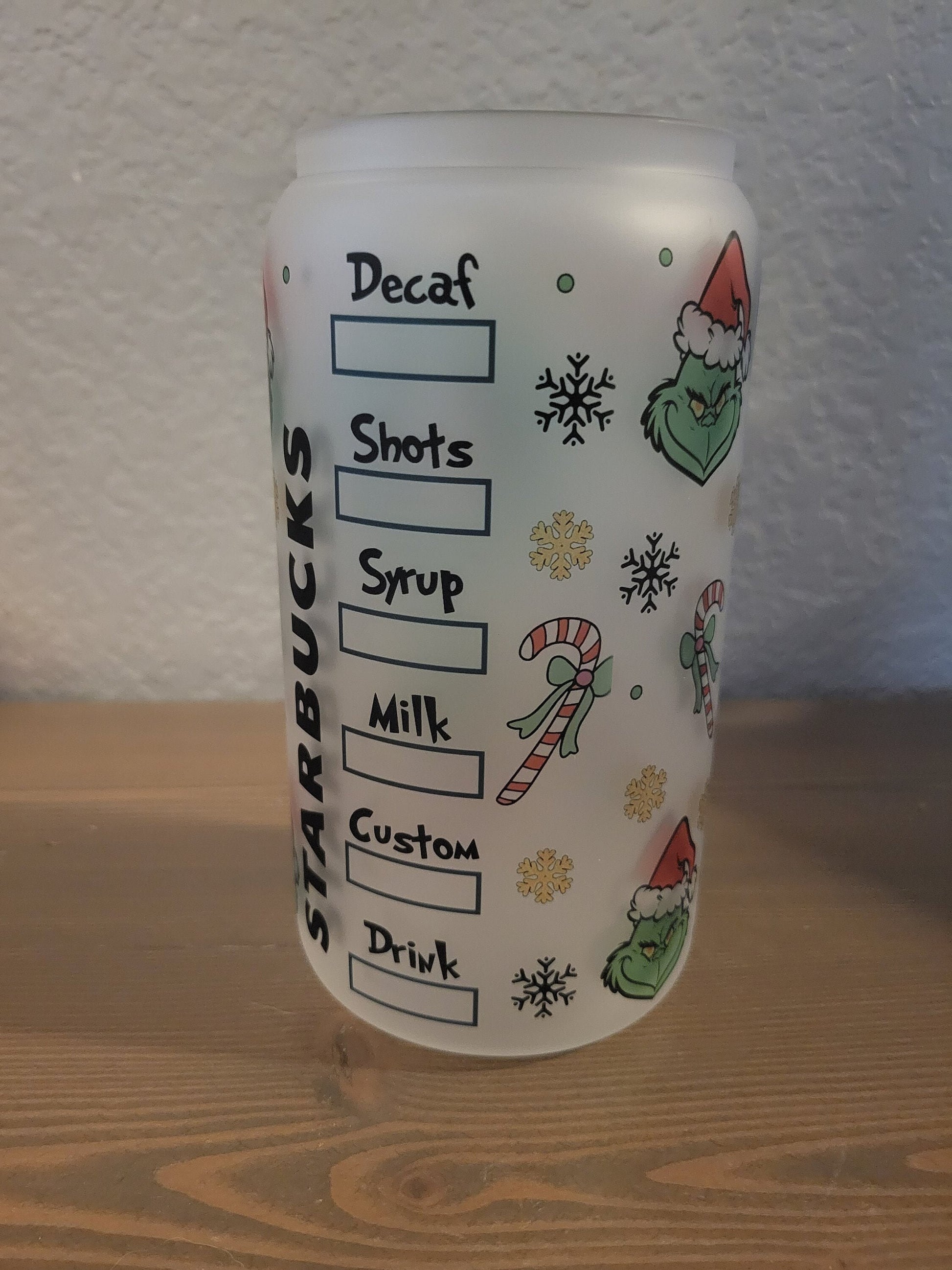 16 oz frosted cup glass**Coffee***Grinch**Christmas**starbucks**cold cup**reusable cup** cup with lid and straw**Beer cup*