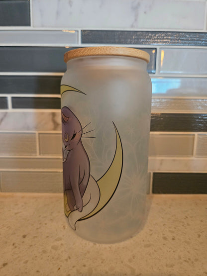 16 oz frosted cup glass**Luna**Sailor**moon*cold cup**reusable cup** cup with lid and straw**Beer cup*