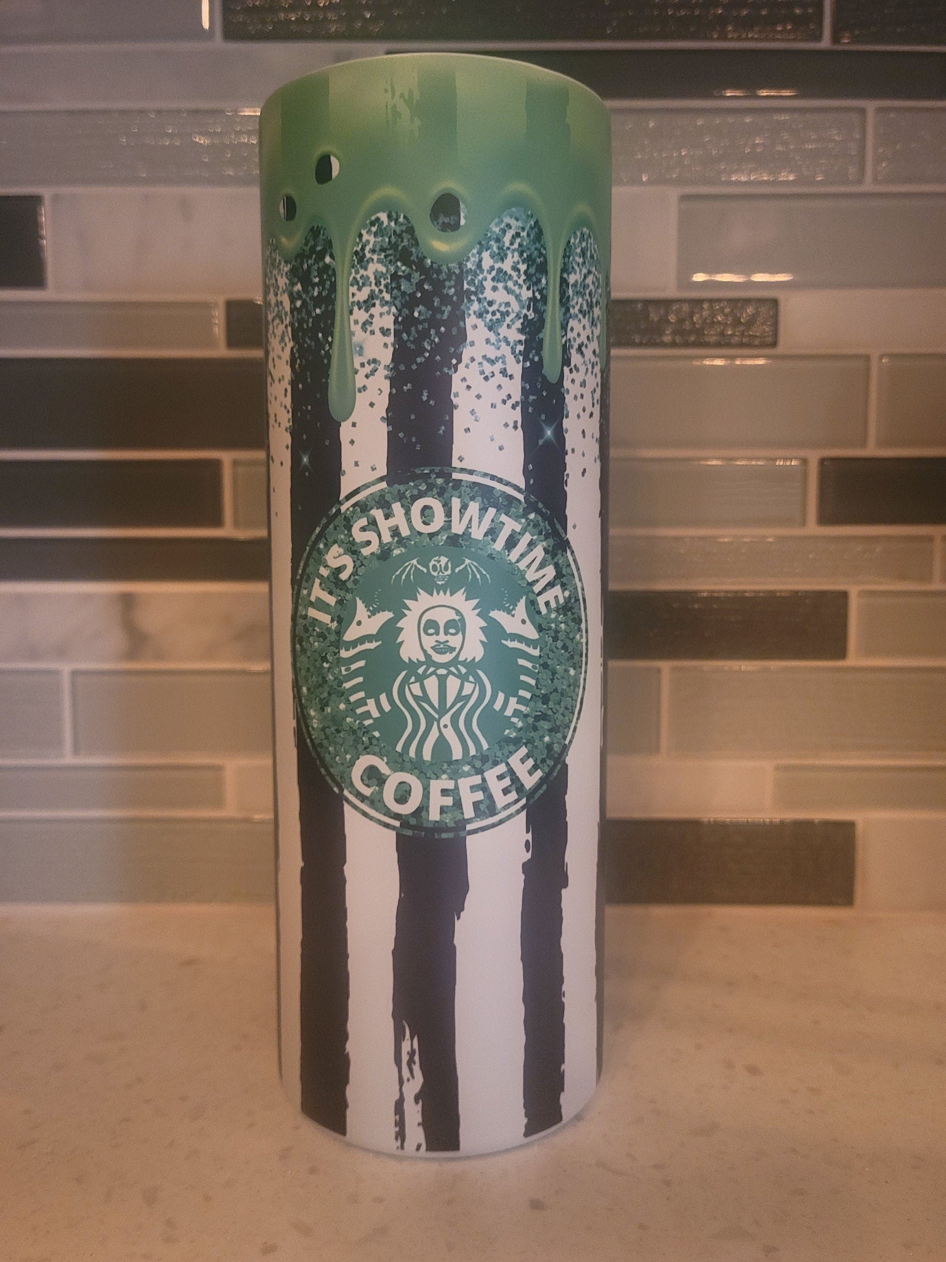 BeetleJuice**It&#39;s Showtime**Never Trust the Living***Black and White**Glow in the dark**20 oz tumbler