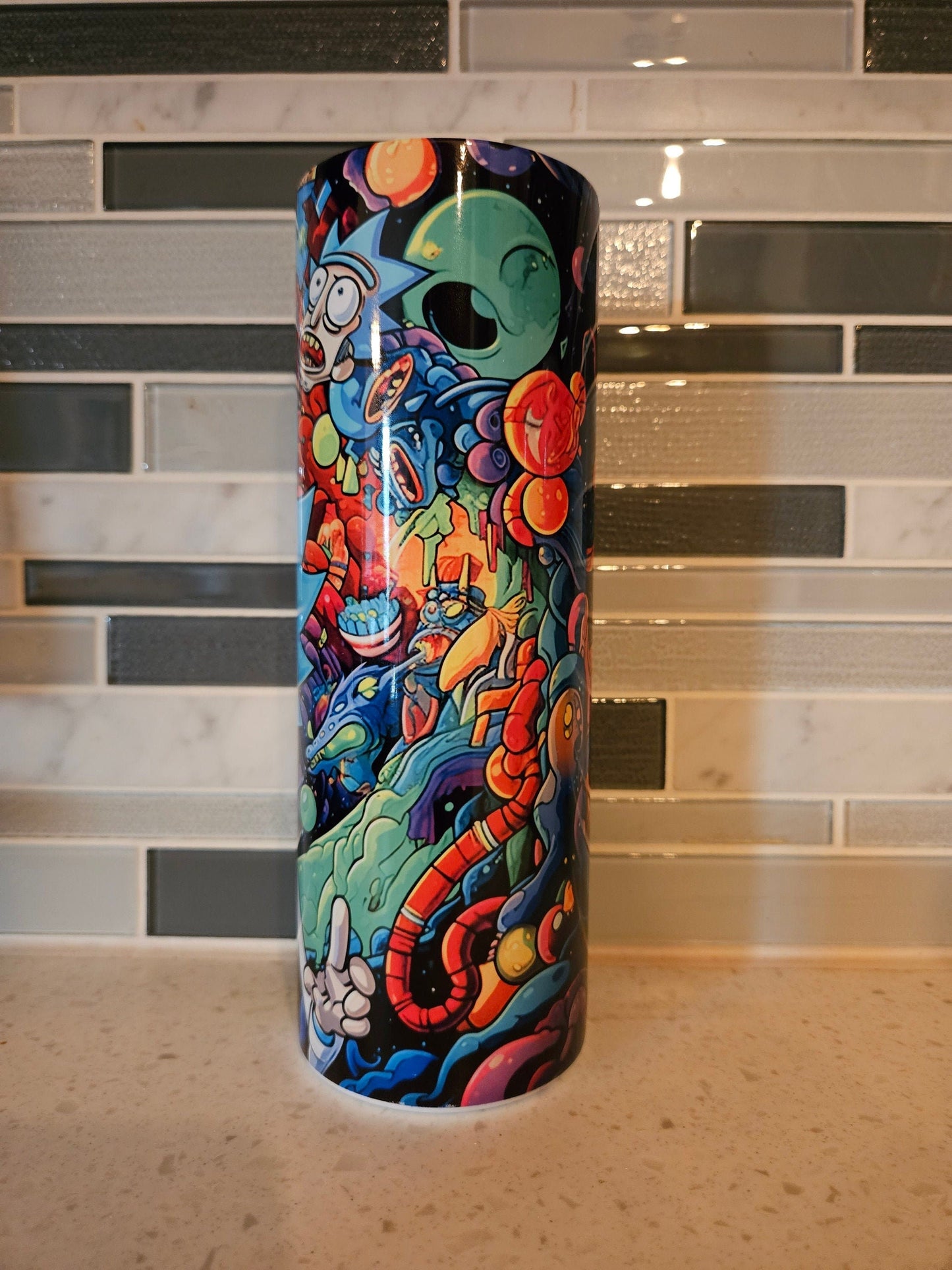 Rick** Pickle** Morty** 20 oz Skinny tumbler** cold and hot drink**