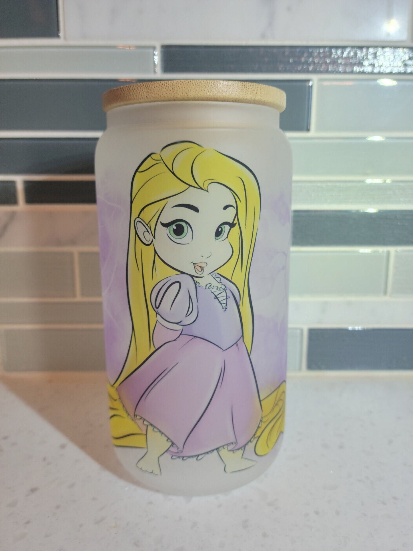 16 oz frosted cup glass**Rapunzel**princess**cartoon**cold cup**reusable cup** cup with lid and straw**Beer cup**