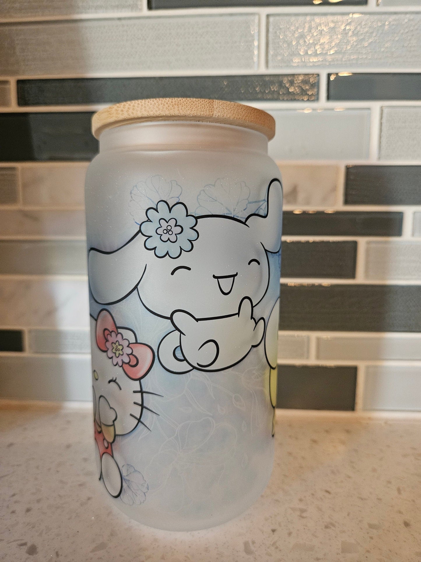 16 oz frosted cup glass**Hello**Kitty**friends**cartoon**cold cup**reusable cup** cup with lid and straw**Beer cup**