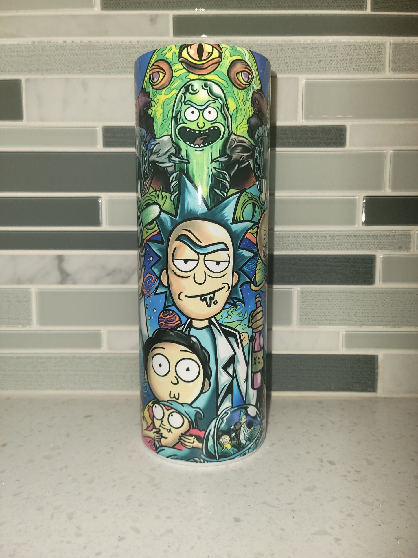 Rick** Pickle** Morty** 20 oz Skinny tumbler** cold and hot drink**