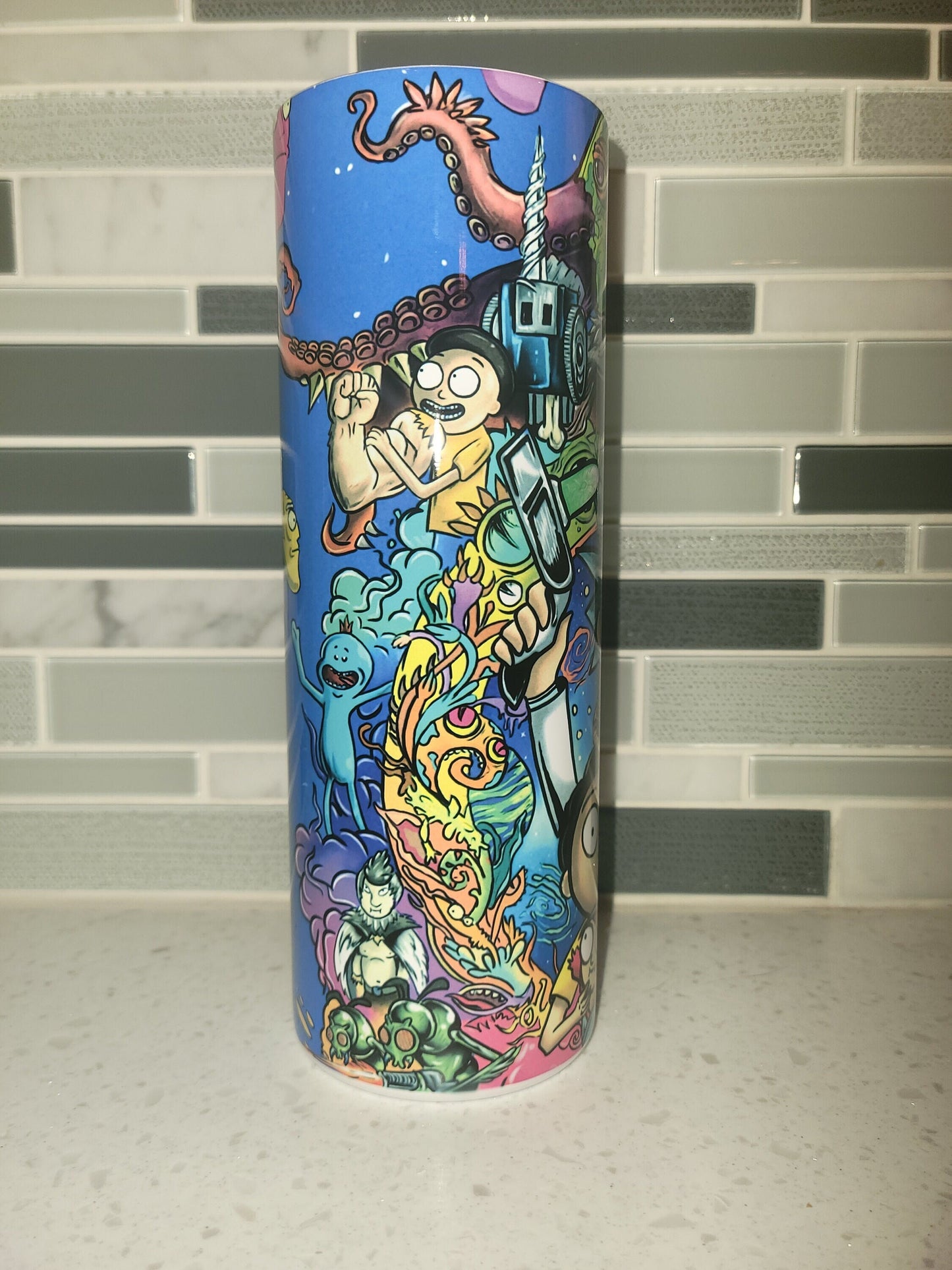 Rick** Pickle** Morty** 20 oz Skinny tumbler** cold and hot drink**