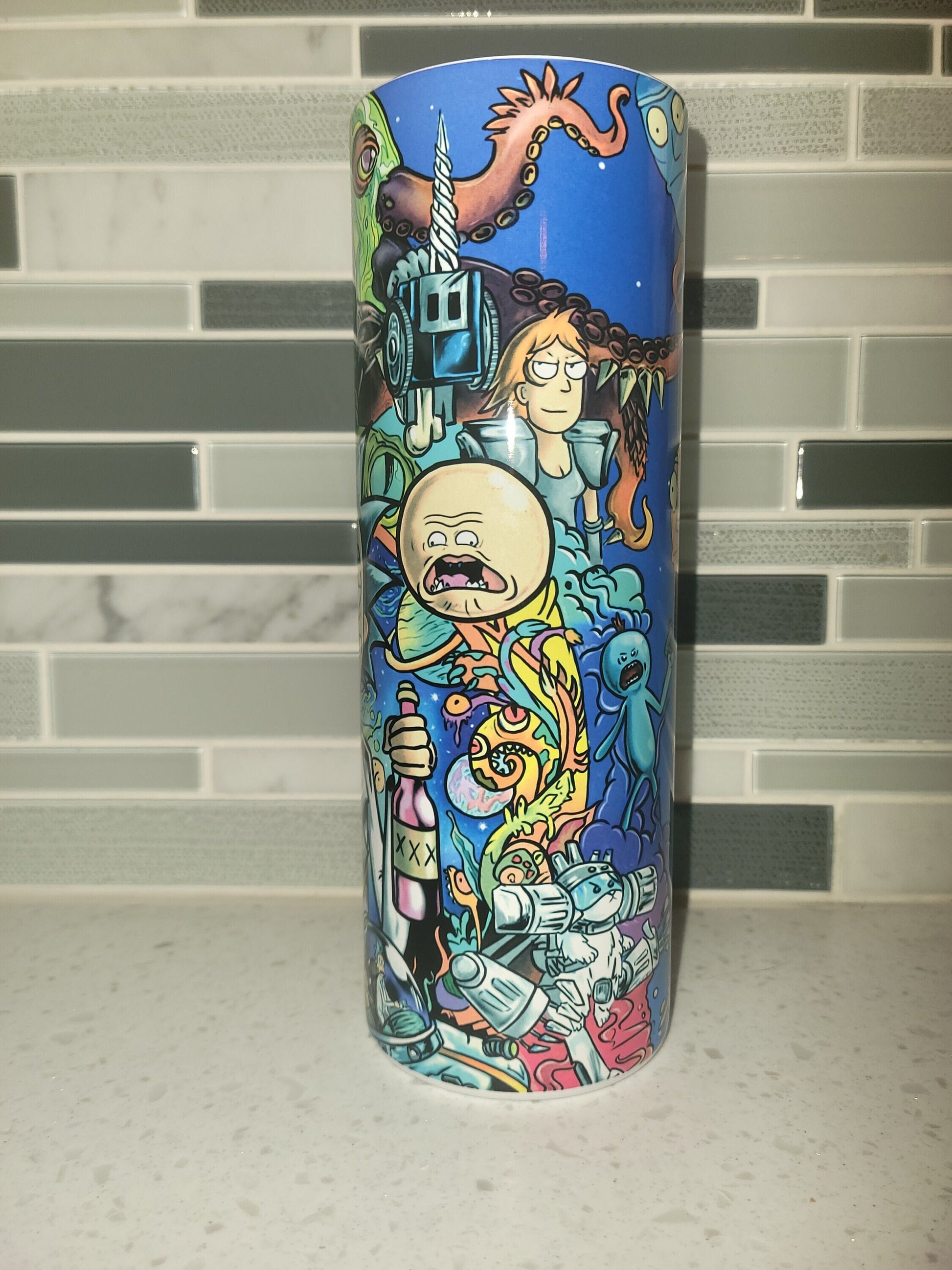 Rick** Pickle** Morty** 20 oz Skinny tumbler** cold and hot drink**