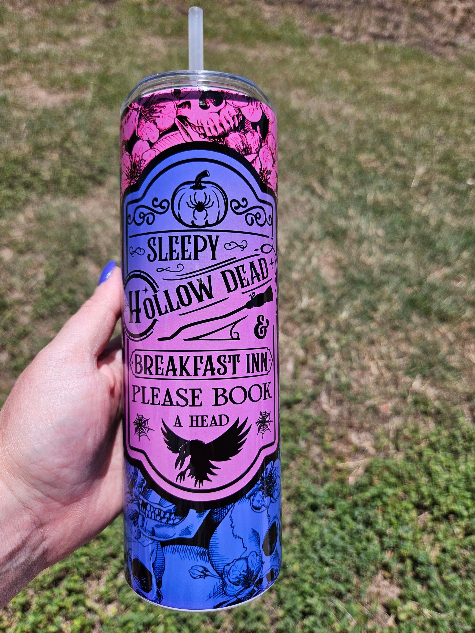 Sleepy Hollow Bed and Breakfast Skulls 20 oz Skinny Tumbler Goth pink and purple ombre Tumbler