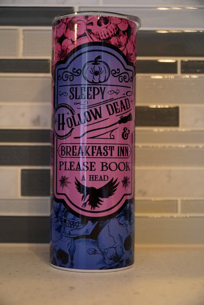 Sleepy Hollow Bed and Breakfast Skulls 20 oz Skinny Tumbler Goth pink and purple ombre Tumbler